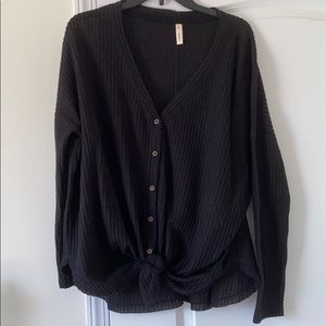 Black Waffle Knit button-down top